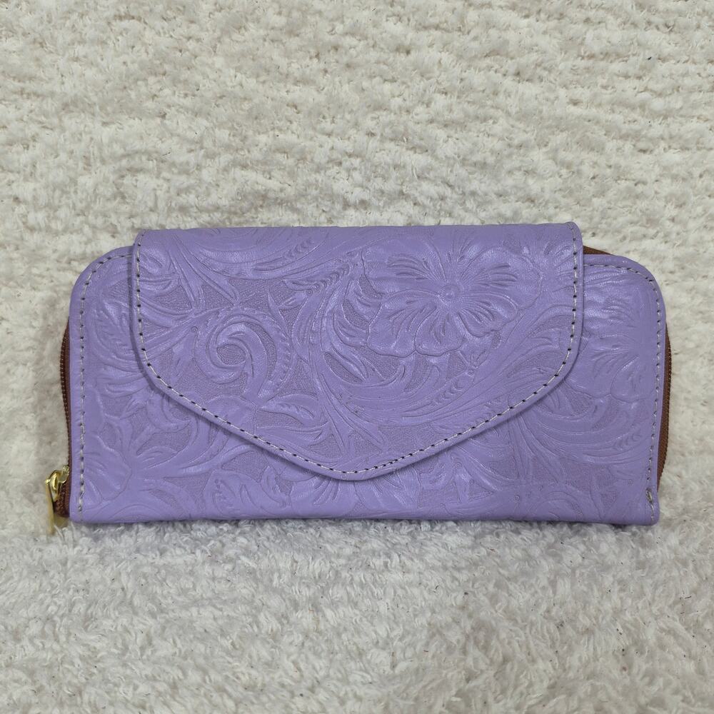 Lilac Mexican Handmade Floral Embossed Leather Flap Closure Wallet